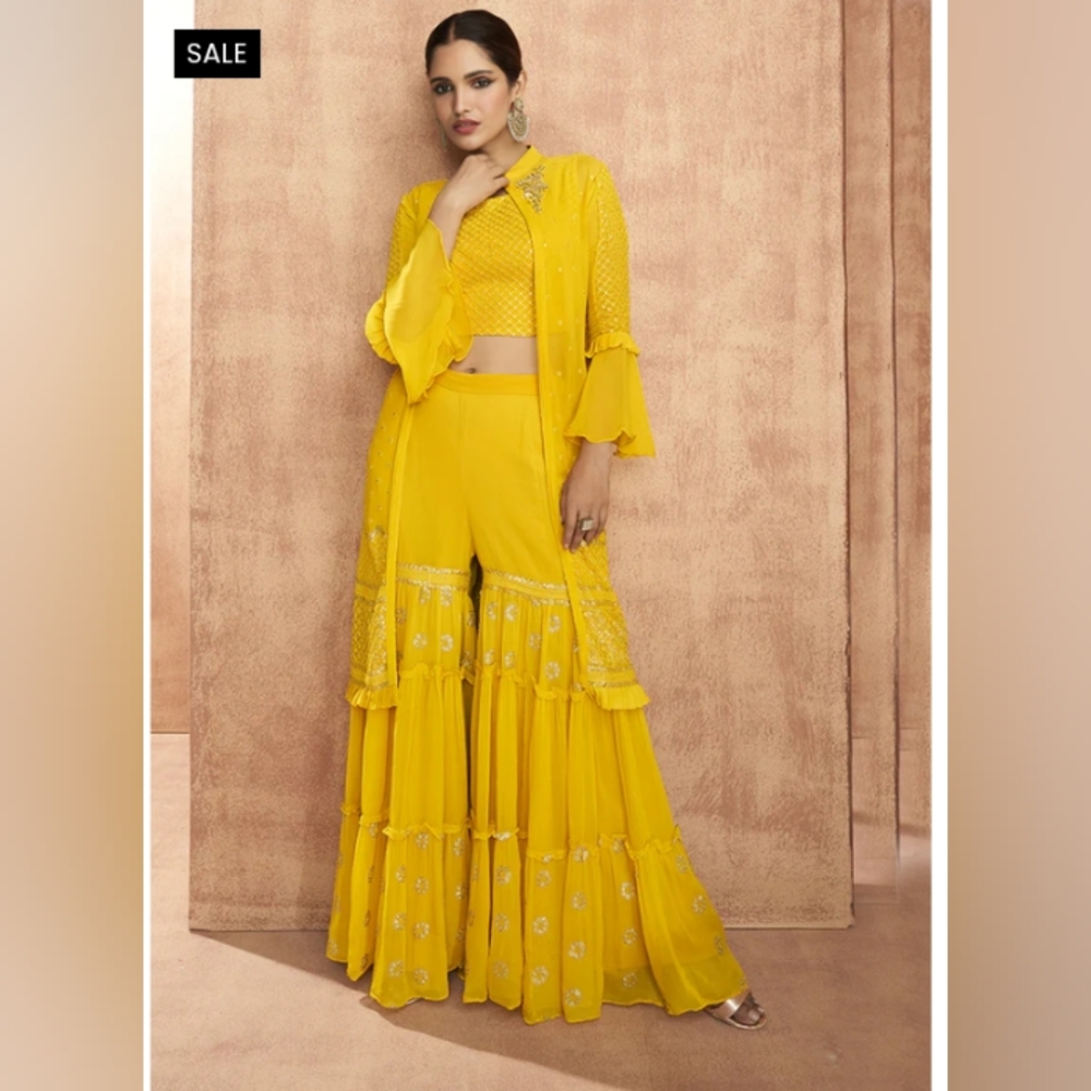 Hat Kay Yellow Embroidered Jacket Style Palazzo Suit size XS readymade size